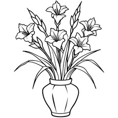 Gladiolus flower on the vase outline illustration coloring book page design, Gladiolus flower on the vase black and white line art drawing coloring book pages for children and adults