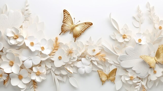 Branch of white plant with spring flowers and golden butterflies for a light, light background