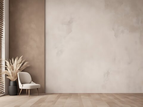  Light beige living room - modern interior hall and furniture design. Mockup for art - ivory taupe empty texture plaster microcement wall. Luxury premium nude accent lounge reception. 3d render 