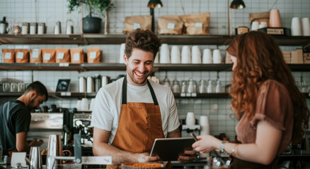 A smiling barista using an iPad to take down orders from customers in his coffee shop