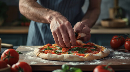 A man is adding tomatoes as an ingredient onto a pizza on a cutting board, preparing the dish with a cooking gesture in the cuisine recipe - Powered by Adobe