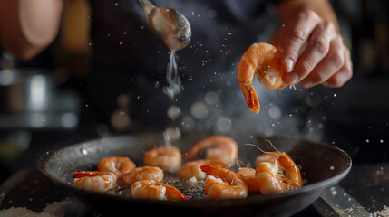 The person is cooking shrimp in a frying pan to prepare a delicious seafood dish. The sizzling shrimp is being cooked on a gas stove for a quick and flavorful meal