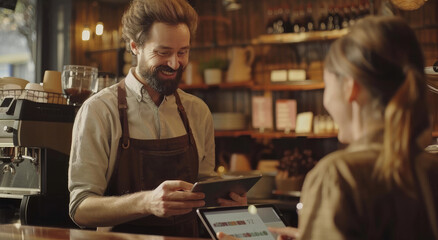 A smiling barista using an iPad to take down orders from customers in his coffee shop