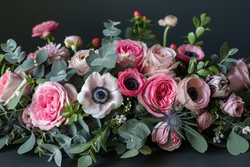 floral background, full bloom of pink anemones and roses, eucalyptus leaves. a natural banner.