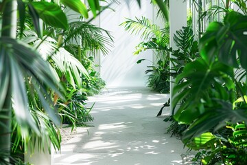 Sunlit Corridor Flanked by Lush Greenery