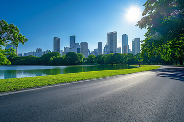High resolution photorealistic of beautiful city skyline with green park and lake in front, clear blue sky, empty asphalt road on the right side, daylight, bright sunny day, high detail, high quality