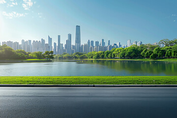 High resolution photorealistic of beautiful city skyline with green park and lake in front, clear blue sky, empty asphalt road on the right side, daylight, bright sunny day, high detail, high quality
