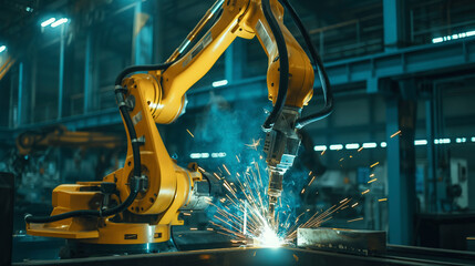 An electric blue robotic arm is welding a piece of metal using gas in an engineering event. The machine is in a glass city industry - Powered by Adobe
