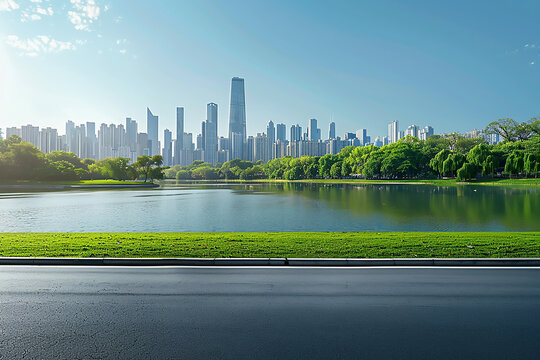 High resolution photorealistic of beautiful city skyline with green park and lake in front, clear blue sky, empty asphalt road on the right side, daylight, bright sunny day, high detail, high quality