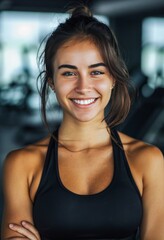 Confident Young Woman Posing  in a Bright Gym Environment