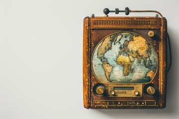 world radio day, antique radio receptor on a world on white background, with a retro effect, creative, concept, social communication advertising, Vintage Radio the receiver musical - generative ai