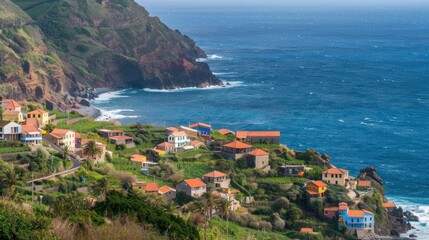 Naklejka premium beautiful view of coastal village on hill with sea with houses and bright blue clouds
