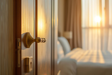 Obraz premium close up hotel room door with digital lock and blurred background of bed in the luxury modern bedroom, sunshine through window