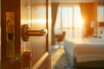 close up hotel room door with digital keycard lock, blurred background of modern bedroom interior, sunlight and warm color tone, hotel concept
