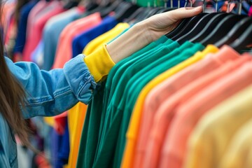 Woman Browsing Through Colorful T-Shirts on Display Racks at a Clothing Store