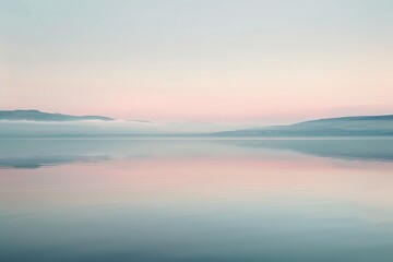 A calm lake reflecting the pastel colors of dusk.