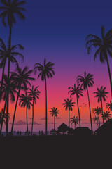Silhouetted coconut palm trees at the beach with dramatic sky vertical background vector illustration. Summer traveling and party at the beach concept flat design with blank space.