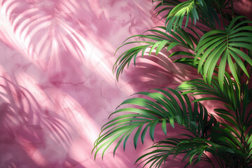 A closeup of lush green palm leaves against an abstract pink background. Created with Ai