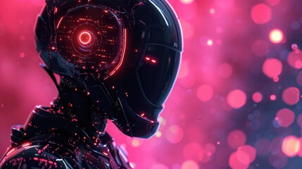 Close-up portrait of a black artificial intelligence robot on a neon background. Background for creating presentations.