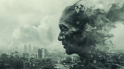 Close-up portrait of an old man's male face against the backdrop of a destroyed city. Double exposure. Theme of war, destruction, loss, grief, depression - obrazy, fototapety, plakaty