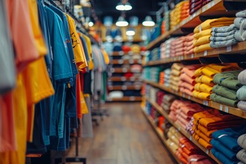 interior of a clothing store. colorful summer collection of T-shirts. racks and hangers with clothes in the shop.