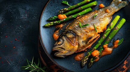 Whole grilled fish with beans, spices on a metal plate - Food photography