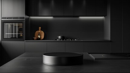A sleek, black podium, with a modern design, set against a backdrop of a minimalist, black kitchen.