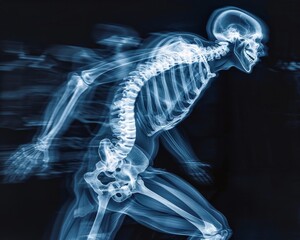 The image shows a blue x-ray of a person running