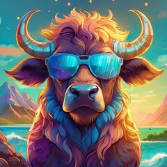 Stylish buffalo with cool shades - obrazy, fototapety, plakaty
