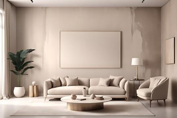 Light beige living room - modern interior hall and furniture design. Mockup for art - ivory taupe empty texture plaster microcement wall. Luxury premium nude accent lounge reception. 3d render 