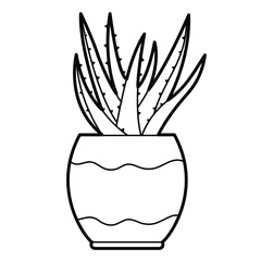 Houseplants. Aloe vera plant in a pot. Outline illustration, design elements or page of coloring book.
