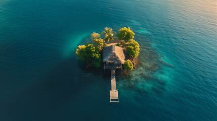 Island in the middle of a calm ocean, wooden house in the middle of the island, small boat on the island pier, in the photo from above - Powered by Adobe