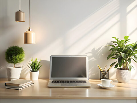 Home office concept. Designated work from home area near the window. Modern laptop with blurred screen and glass cup of tea on table. Close up, copy space, interior background.