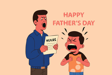 funny cute card, happy fathers day , a boy-girl screaming - angry with father, vector cartoon illustration, minimal flat design 