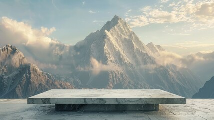 A simple, yet elegant podium, made of natural stone, set against a backdrop of a serene, mountain peak.