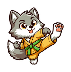 cute cartoon character wolf practicing karate - color on transparent background (artwork 4)