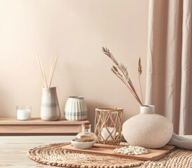 Zen minimalist interiors with natural elements and soft textures.