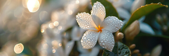 Close up of morning dew droplets on the tip of a jasmine flower, morning sunlight
