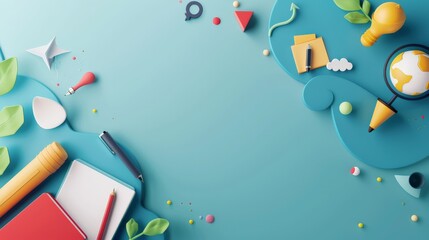 3d illustration of a desk with school supplies and office supplies on a blue background.