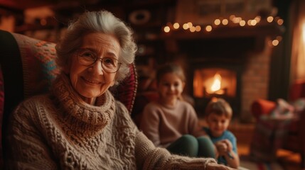 The picture of the grandmother sitting in the chair, knitting the cloth with the warm smile with children family, the knitting require skills like concentration, knitting skills and patience. AIG43.