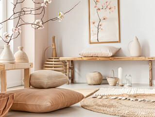 Zen minimalist interiors with natural elements and soft textures.