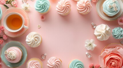 realistic mock up empty of birthday wedding anniversary  cupcakes under pastel pink theme on white background, wallpaper