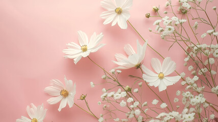 White Cosmos Flowers on Pink Pastel Background