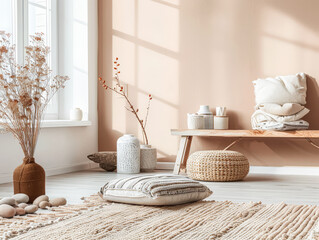 Zen minimalist interiors with natural elements and soft textures.