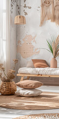 Zen minimalist interiors with natural elements and soft textures.