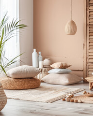 Zen minimalist interiors with natural elements and soft textures.
