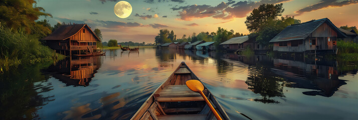 Beautiful river in the middle of the countryside, between wooden houses, wooden canoes on the river, beautiful morning sky, full moon night - Powered by Adobe