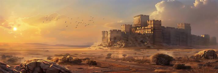 ancient castle on a plateau in the savanna, the view is very beautiful, the morning sky is very...