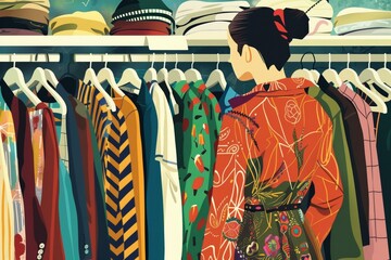 Woman Shopping for Traditional Clothes - obrazy, fototapety, plakaty