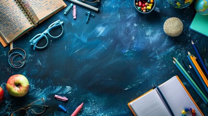 A blue textured background with school supplies scattered around the edges.